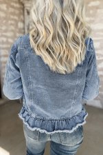 Beau Blue Ruffle Raw Hem Flap Pockets Denim Jacket - Image 2