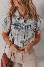 Beau Blue Light Wash Buttoned Chest Pocket Puff Sleeve Denim Jacket - Image 7