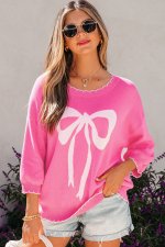 Sachet Pink Big Ribbon Bow Print Contrast Stitch Trim Drop Shoulder Sweater
