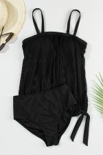 Black Striped Mesh Knotted Hem Tankini Swimsuit - Image 4