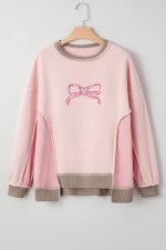 Light Pink Heart Bow Embroidered Exposed Seam Color Block Waffled Patchwork Sweatshirt - Image 2