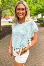 Beau Blue Pointelle Knit Patterned Scalloped Trim Short Sleeve Sweater - Image 3