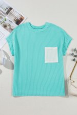Light Blue Corded Knit Color Block Pocketed Crew Neck T Shirt - Image 7
