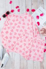 Pink Valentine Heart Shape Print Long Sleeve Top Shorts Lounge Set - Image 4