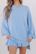 Sky Blue Corded Lantern Sleeve Top High Waist Ruffled Mini Skort Set - Image 7