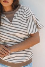 Parchment Contrast Detail Striped Ruffle Short Sleeve Top - Image 7
