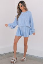Sky Blue Corded Lantern Sleeve Top High Waist Ruffled Mini Skort Set - Image 5
