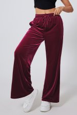 Burgundy Solid Drawstring Waist Wide Leg Pants - Image 4
