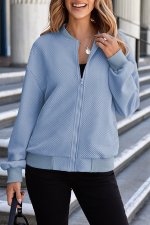 Myosotis Solid Textured Stand Neck Zipper Bomber Jacket - Image 6