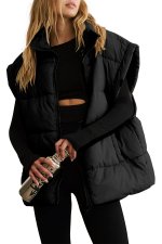 Black Solid Zipper Stand Neck Oversized Puffer Vest - Image 2