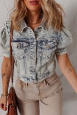 Beau Blue Light Wash Buttoned Chest Pocket Puff Sleeve Denim Jacket - Image 6