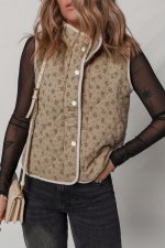 Khaki Floral Print Quilted Concealed Button Vest - Image 3