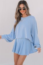 Sky Blue Corded Lantern Sleeve Top High Waist Ruffled Mini Skort Set - Image 3