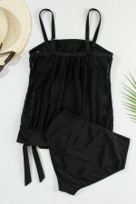 Black Striped Mesh Knotted Hem Tankini Swimsuit - Image 5