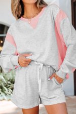 Light Grey Color Block Raw Hem Pullover and Casual Shorts Set - Image 6