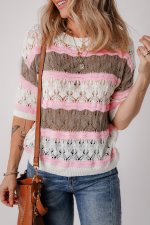 Brown Stripe Color Block Hollow Out Crochet Half Sleeve Sweater - Image 5