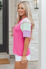 Bright Pink Twisted Ribbed Color Block Patchwork Henley Short Sleeve T Shirt - Image 5