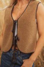 Light French Beige Contrast Trim Tie Front Sherpa Vest - Image 8