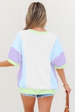 White Color Block Patchwork Half Sleeve Oversized T Shirt - Image 2