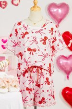 Red Romantic Bow Print Loose Tee Drawstring Shorts 2pcs Lounge Set - Image 7