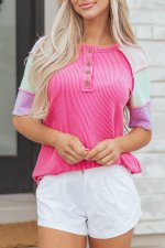 Bright Pink Twisted Ribbed Color Block Patchwork Henley Short Sleeve T Shirt - Image 8