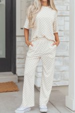 Khaki Checkered Print Half Sleeve Tee 2pcs Lounge Pant Set - Image 8