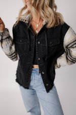 Black Plaid Sleeve Frayed Hem Hooded Denim Jacket - Image 7