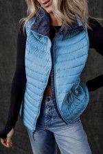 Sky Blue Plush Collared Quilted Zipped Puffer Vest - Image 8