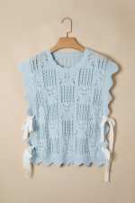Beau Blue Pointelle Knit Patterned Scalloped Trim Short Sleeve Sweater - Image 8