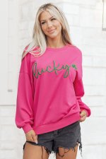 Rose Red Lucky Clover Embroidered Loose Pullover Sweatshirt - Image 5