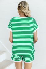 Dark Green Striped Cap Sleeve Tee and Shorts Set - Image 2
