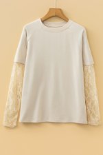 Jet Stream Solid Color Lace Patchwork Long Sleeve T Shirt - Image 4