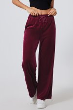 Burgundy Solid Drawstring Waist Wide Leg Pants - Image 8