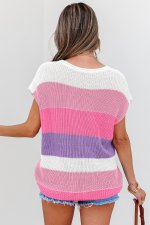 Pink Color Block Notch V Neck Sweater T Shirt - Image 4