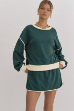 Evergreen Color Contrast Loose Pullover and Lace-up Waist Skort Set - Image 8