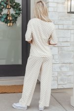 Khaki Checkered Print Half Sleeve Tee 2pcs Lounge Pant Set - Image 4