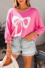 Sachet Pink Big Ribbon Bow Print Contrast Stitch Trim Drop Shoulder Sweater - Image 7