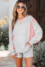 Light Grey Color Block Raw Hem Pullover and Casual Shorts Set - Image 5