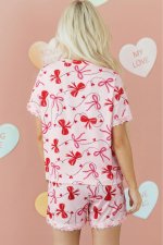 Red Romantic Bow Print Loose Tee Drawstring Shorts 2pcs Lounge Set - Image 2