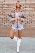 Pink Western Aztec Print Sherpa Splicing Buttoned Flap Pocket Coat - Image 8