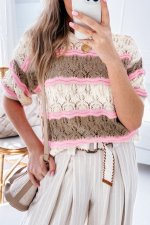 Brown Stripe Color Block Hollow Out Crochet Half Sleeve Sweater - Image 8