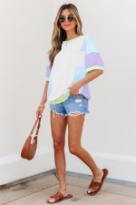 White Color Block Patchwork Half Sleeve Oversized T Shirt - Image 4