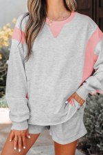 Light Grey Color Block Raw Hem Pullover and Casual Shorts Set - Image 7
