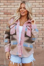 Pink Western Aztec Print Sherpa Splicing Buttoned Flap Pocket Coat - Image 5