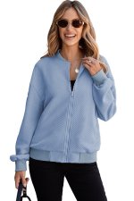 Myosotis Solid Textured Stand Neck Zipper Bomber Jacket - Image 7