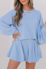 Sky Blue Corded Lantern Sleeve Top High Waist Ruffled Mini Skort Set - Image 8