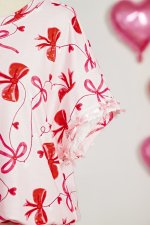 Red Romantic Bow Print Loose Tee Drawstring Shorts 2pcs Lounge Set - Image 8