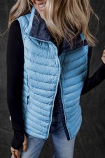 Sky Blue Plush Collared Quilted Zipped Puffer Vest - Image 4