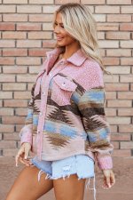 Pink Western Aztec Print Sherpa Splicing Buttoned Flap Pocket Coat - Image 3