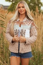 Light French Beige Aztec Quilted Patchwork Western Fashion Jacket - Image 5